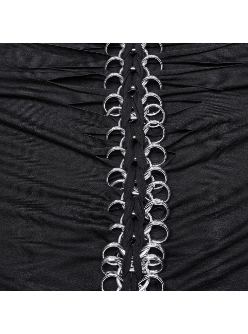 Black Stretch Knit Skull Print With Back Hollow Chain Design Punk Style Long Sleeve T-Shirt