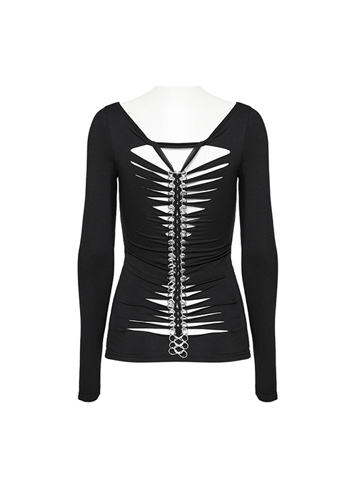 Black Stretch Knit Skull Print With Back Hollow Chain Design Punk Style Long Sleeve T-Shirt