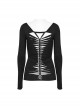 Black Stretch Knit Skull Print With Back Hollow Chain Design Punk Style Long Sleeve T-Shirt