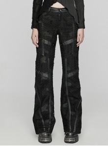 Black Non Stretch Twill Mesh Splicing And Laminated Leather Irregular Holes And Embroidery Design In The Front Center Punk Style Loose Trousers