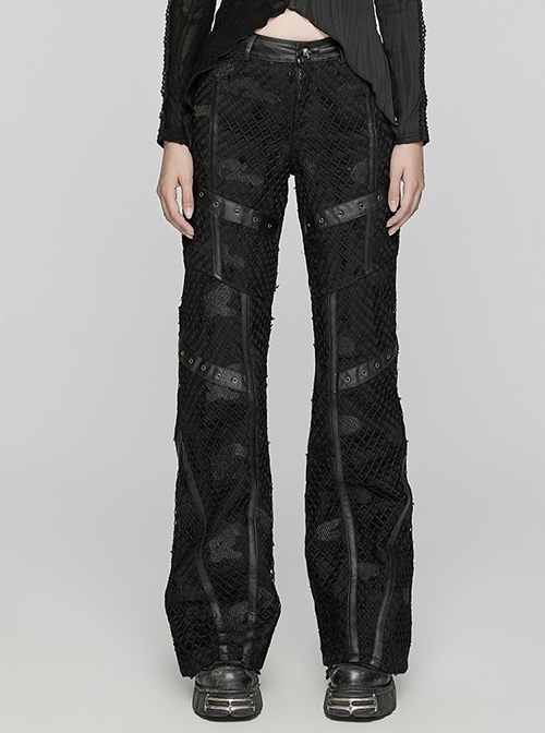 Black Non Stretch Twill Mesh Splicing And Laminated Leather Irregular Holes And Embroidery Design In The Front Center Punk Style Loose Trousers