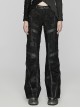 Black Non Stretch Twill Mesh Splicing And Laminated Leather Irregular Holes And Embroidery Design In The Front Center Punk Style Loose Trousers