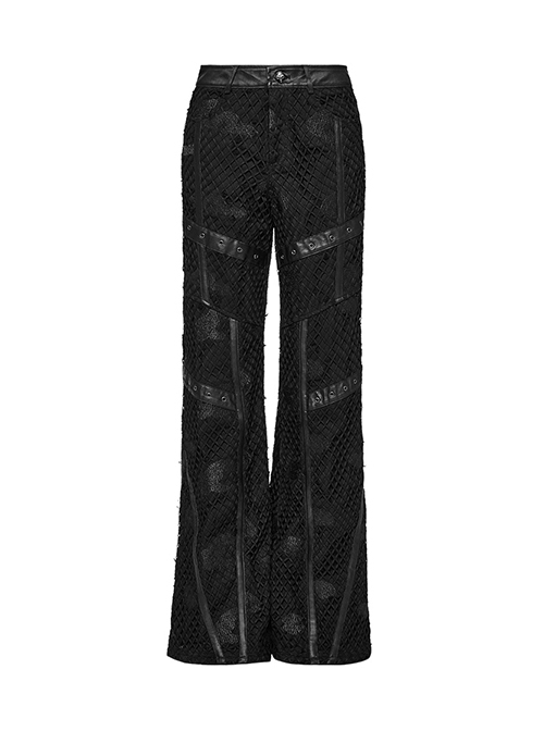 Black Non Stretch Twill Mesh Splicing And Laminated Leather Irregular Holes And Embroidery Design In The Front Center Punk Style Loose Trousers
