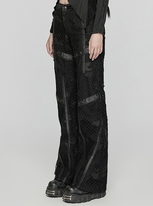 Black Non Stretch Twill Mesh Splicing And Laminated Leather Irregular Holes And Embroidery Design In The Front Center Punk Style Loose Trousers