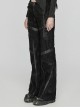 Black Non Stretch Twill Mesh Splicing And Laminated Leather Irregular Holes And Embroidery Design In The Front Center Punk Style Loose Trousers