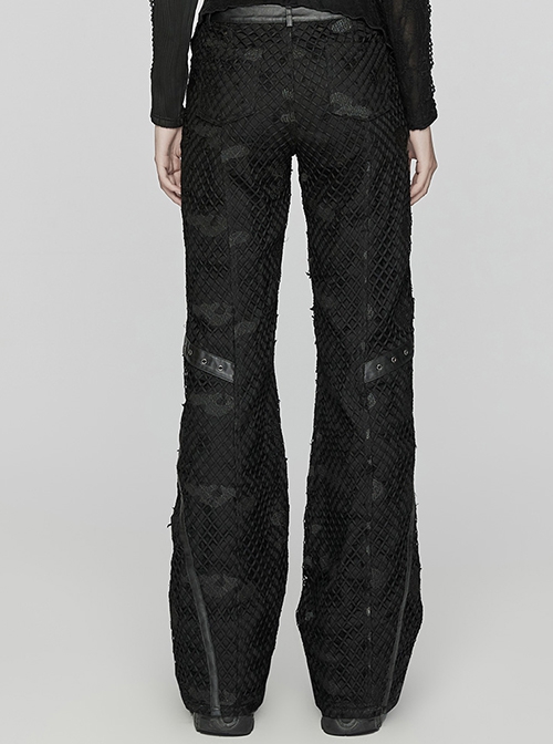 Black Non Stretch Twill Mesh Splicing And Laminated Leather Irregular Holes And Embroidery Design In The Front Center Punk Style Loose Trousers