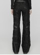 Black Non Stretch Twill Mesh Splicing And Laminated Leather Irregular Holes And Embroidery Design In The Front Center Punk Style Loose Trousers