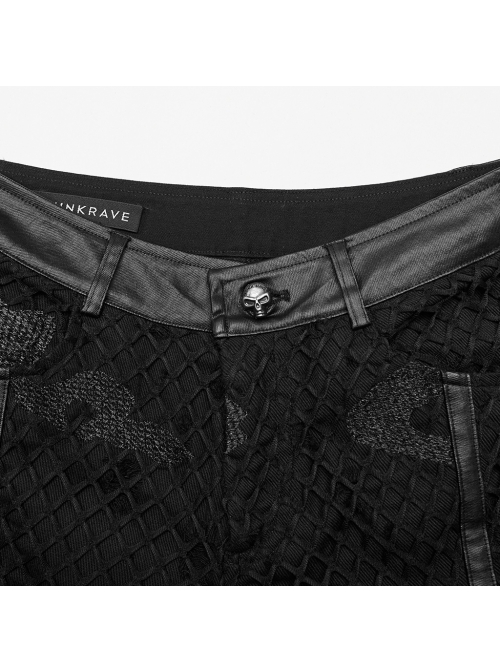 Black Non Stretch Twill Mesh Splicing And Laminated Leather Irregular Holes And Embroidery Design In The Front Center Punk Style Loose Trousers