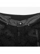 Black Non Stretch Twill Mesh Splicing And Laminated Leather Irregular Holes And Embroidery Design In The Front Center Punk Style Loose Trousers