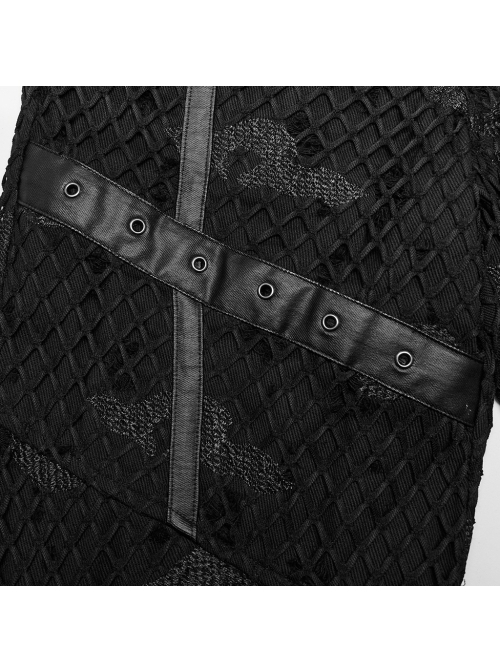 Black Non Stretch Twill Mesh Splicing And Laminated Leather Irregular Holes And Embroidery Design In The Front Center Punk Style Loose Trousers