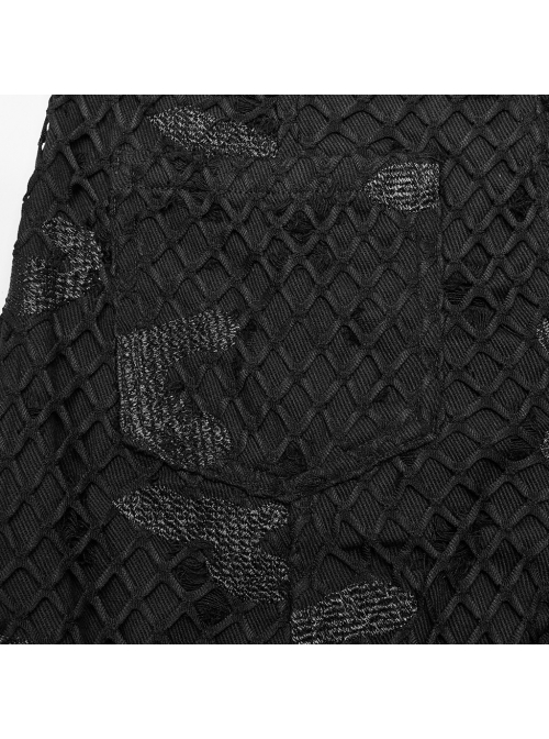 Black Non Stretch Twill Mesh Splicing And Laminated Leather Irregular Holes And Embroidery Design In The Front Center Punk Style Loose Trousers