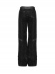 Black Non Stretch Twill Mesh Splicing And Laminated Leather Irregular Holes And Embroidery Design In The Front Center Punk Style Loose Trousers