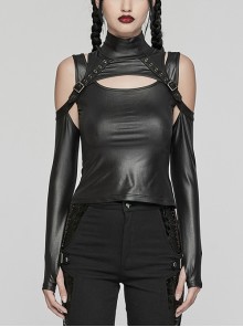 Personalized Black Elastic Rubber Knitted Front And Back Adjustable Straps Design Punk Style Two Piece Long Sleeved T-Shirt