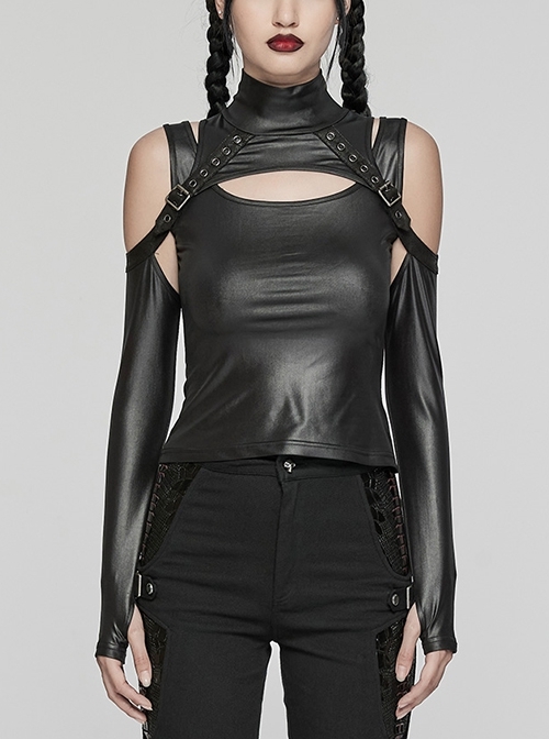 Personalized Black Elastic Rubber Knitted Front And Back Adjustable Straps Design Punk Style Two Piece Long Sleeved T-Shirt