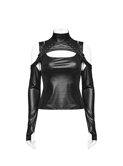 Personalized Black Elastic Rubber Knitted Front And Back Adjustable Straps Design Punk Style Two Piece Long Sleeved T-Shirt