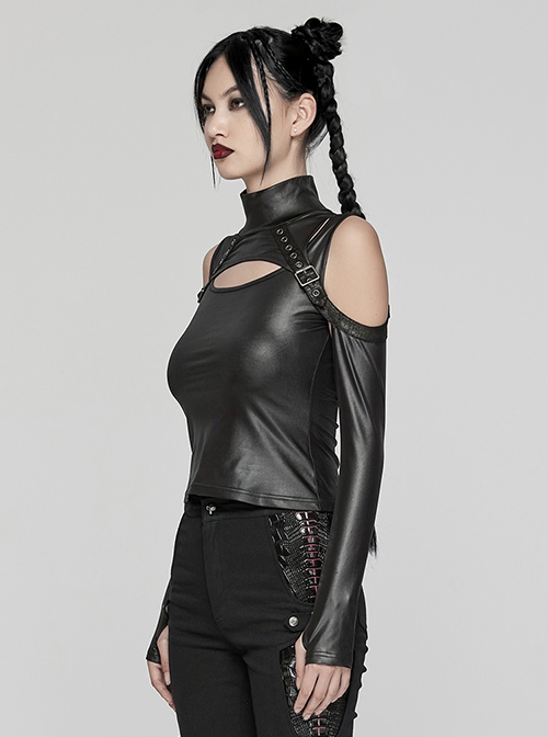 Personalized Black Elastic Rubber Knitted Front And Back Adjustable Straps Design Punk Style Two Piece Long Sleeved T-Shirt