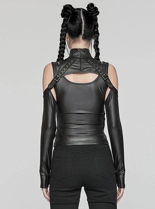 Personalized Black Elastic Rubber Knitted Front And Back Adjustable Straps Design Punk Style Two Piece Long Sleeved T-Shirt