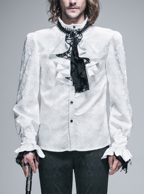 Paisley Jacquard Beads Chest Rose Mesh Lace Cuff White Gothic Shirt