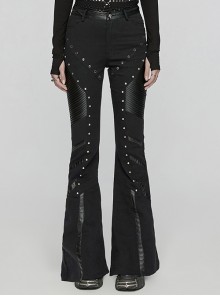 Black Slightly Elastic Twill Stitching Laminated Side Pleats Eyelet Rivets Punk Style Personalized Flared Pants