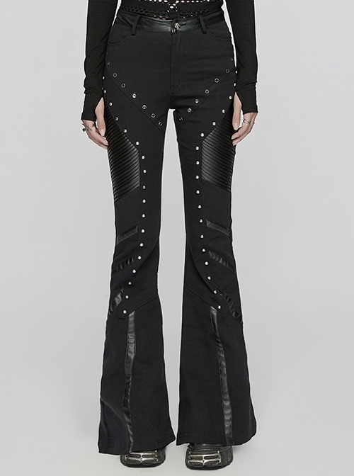 Black Slightly Elastic Twill Stitching Laminated Side Pleats Eyelet Rivets Punk Style Personalized Flared Pants