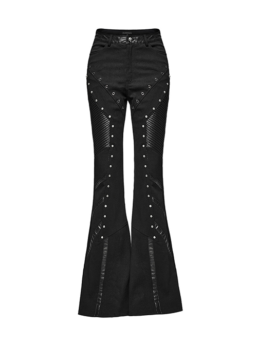 Black Slightly Elastic Twill Stitching Laminated Side Pleats Eyelet Rivets Punk Style Personalized Flared Pants