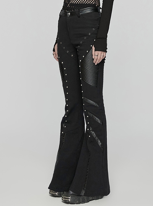 Black Slightly Elastic Twill Stitching Laminated Side Pleats Eyelet Rivets Punk Style Personalized Flared Pants