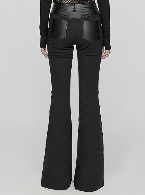 Black Slightly Elastic Twill Stitching Laminated Side Pleats Eyelet Rivets Punk Style Personalized Flared Pants