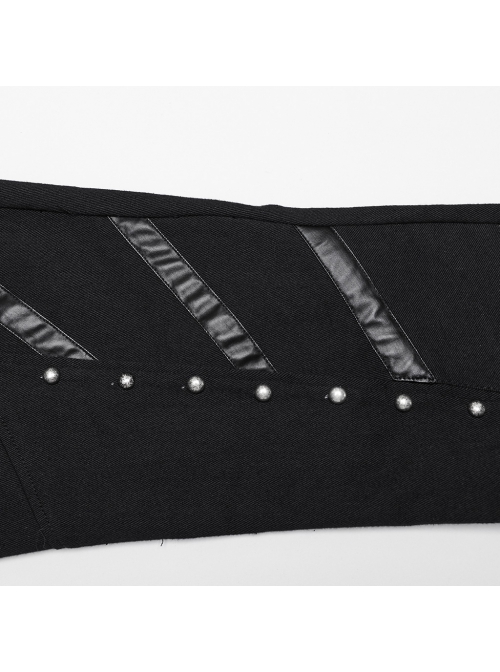 Black Slightly Elastic Twill Stitching Laminated Side Pleats Eyelet Rivets Punk Style Personalized Flared Pants