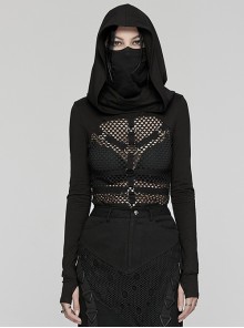 Sexy Hollow Elastic Knitted Splicing Mesh Front High Collar Earmuff Design Punk Style Hooded Long Sleeved T-Shirt