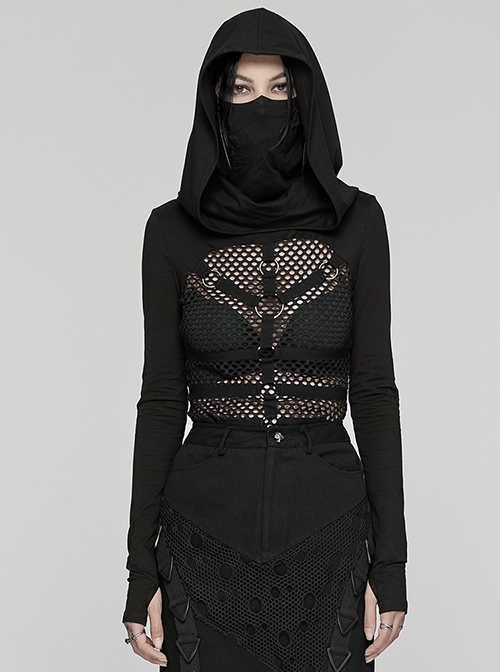 Sexy Hollow Elastic Knitted Splicing Mesh Front High Collar Earmuff Design Punk Style Hooded Long Sleeved T-Shirt
