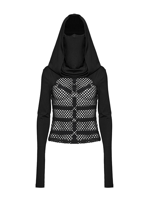 Sexy Hollow Elastic Knitted Splicing Mesh Front High Collar Earmuff Design Punk Style Hooded Long Sleeved T-Shirt