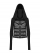 Sexy Hollow Elastic Knitted Splicing Mesh Front High Collar Earmuff Design Punk Style Hooded Long Sleeved T-Shirt