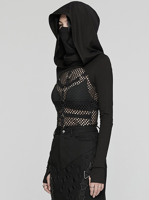 Sexy Hollow Elastic Knitted Splicing Mesh Front High Collar Earmuff Design Punk Style Hooded Long Sleeved T-Shirt