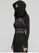 Sexy Hollow Elastic Knitted Splicing Mesh Front High Collar Earmuff Design Punk Style Hooded Long Sleeved T-Shirt