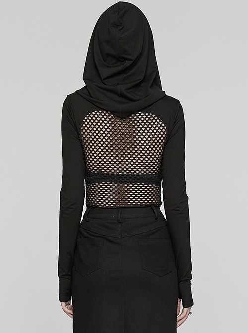 Sexy Hollow Elastic Knitted Splicing Mesh Front High Collar Earmuff Design Punk Style Hooded Long Sleeved T-Shirt