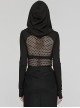 Sexy Hollow Elastic Knitted Splicing Mesh Front High Collar Earmuff Design Punk Style Hooded Long Sleeved T-Shirt