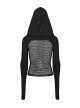 Sexy Hollow Elastic Knitted Splicing Mesh Front High Collar Earmuff Design Punk Style Hooded Long Sleeved T-Shirt