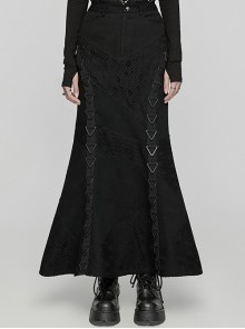 Black Elastic Twill Stitching Hole Mesh Front With Triangle Buckle Ribbon Decoration Punk Style Irregular Skirt