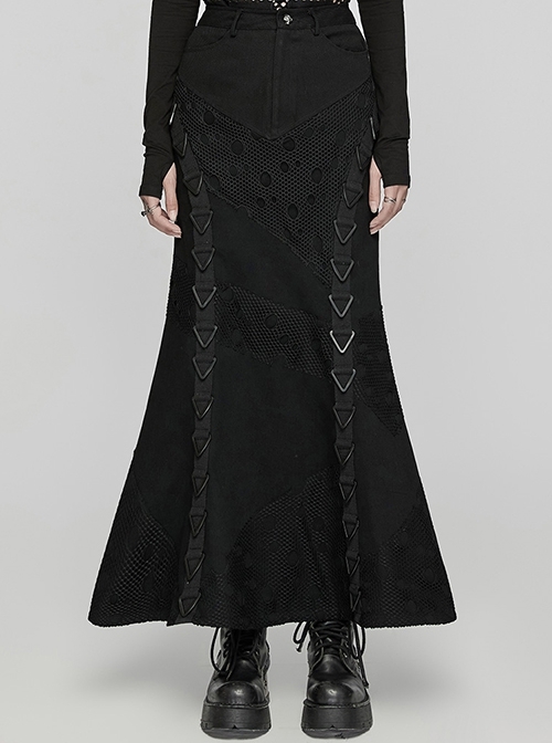 Black Elastic Twill Stitching Hole Mesh Front With Triangle Buckle Ribbon Decoration Punk Style Irregular Skirt