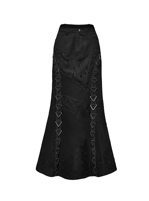 Black Elastic Twill Stitching Hole Mesh Front With Triangle Buckle Ribbon Decoration Punk Style Irregular Skirt