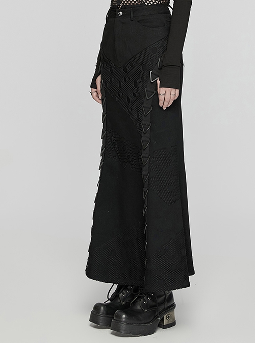 Black Elastic Twill Stitching Hole Mesh Front With Triangle Buckle Ribbon Decoration Punk Style Irregular Skirt
