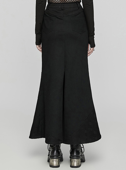 Black Elastic Twill Stitching Hole Mesh Front With Triangle Buckle Ribbon Decoration Punk Style Irregular Skirt