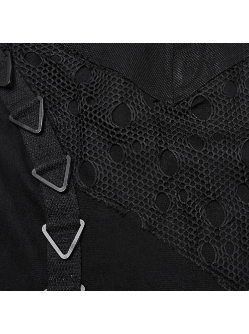 Black Elastic Twill Stitching Hole Mesh Front With Triangle Buckle Ribbon Decoration Punk Style Irregular Skirt