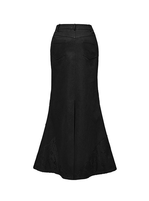 Black Elastic Twill Stitching Hole Mesh Front With Triangle Buckle Ribbon Decoration Punk Style Irregular Skirt