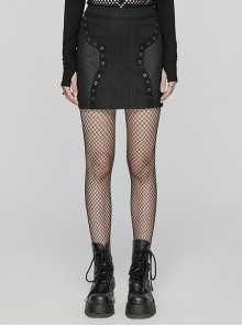 Black Elastic Vertical Stripes Woven Splicing Pressed Rubber Side Pleats With Irregular Eyelet Decoration Punk Style Slim Skirt