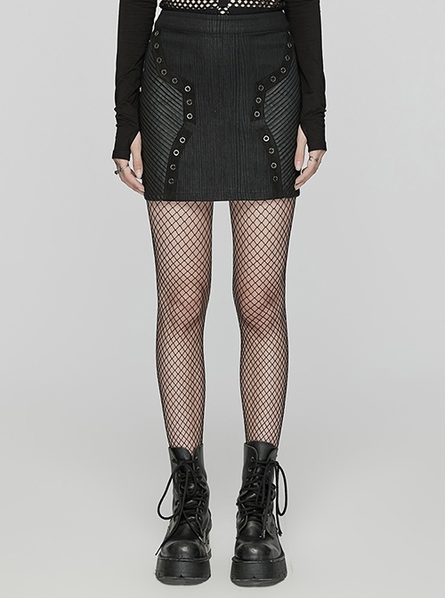Black Elastic Vertical Stripes Woven Splicing Pressed Rubber Side Pleats With Irregular Eyelet Decoration Punk Style Slim Skirt