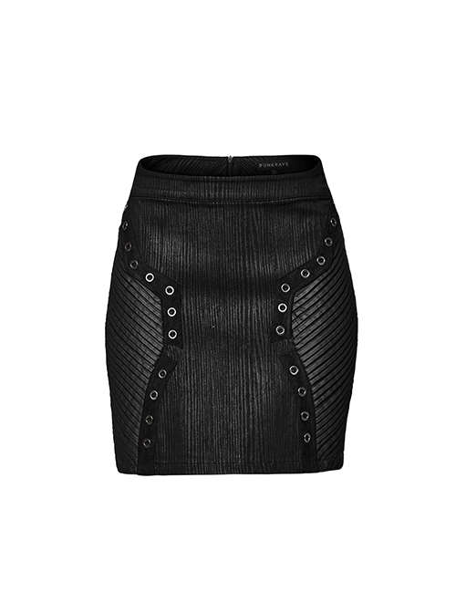 Black Elastic Vertical Stripes Woven Splicing Pressed Rubber Side Pleats With Irregular Eyelet Decoration Punk Style Slim Skirt