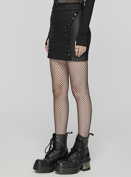 Black Elastic Vertical Stripes Woven Splicing Pressed Rubber Side Pleats With Irregular Eyelet Decoration Punk Style Slim Skirt