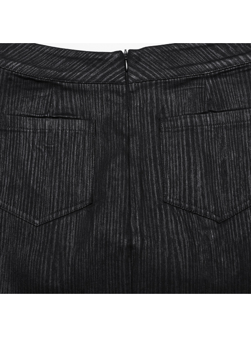 Black Elastic Vertical Stripes Woven Splicing Pressed Rubber Side Pleats With Irregular Eyelet Decoration Punk Style Slim Skirt