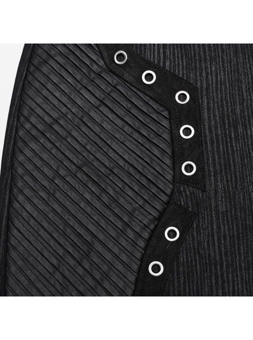Black Elastic Vertical Stripes Woven Splicing Pressed Rubber Side Pleats With Irregular Eyelet Decoration Punk Style Slim Skirt